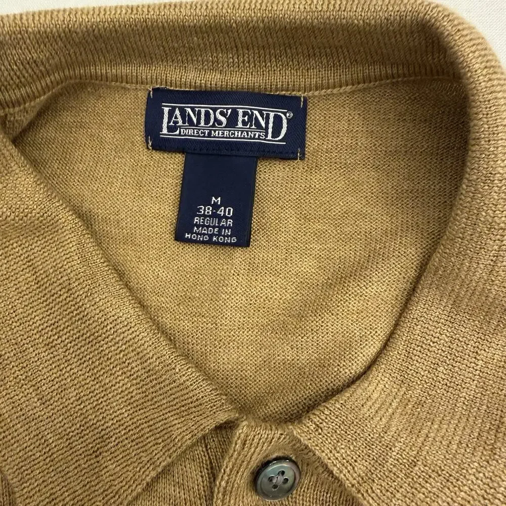 Lands End Mens 100% Wool Collared Sweater Pullover Medium 1/4 Button Tan